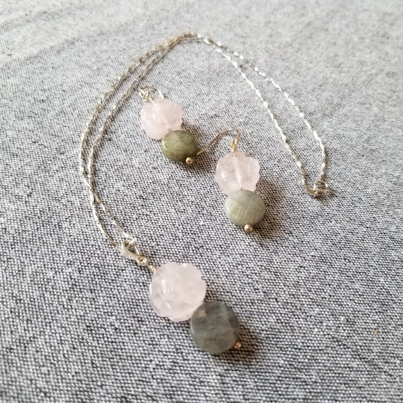 Labradorite and rose quartz sterling silver gemstone earrings and necklace - Picture 5 of 5